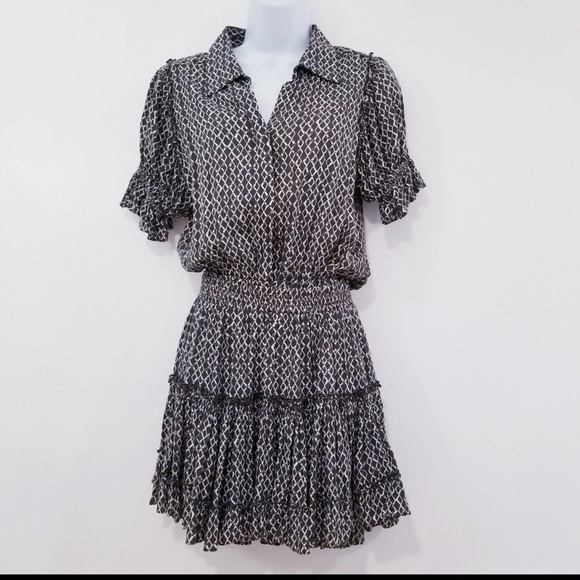 Skylar + Madison Dresses & Skirts - Skylar + Madison Brown and White Ruffled Puff Sleeve Mini Dress